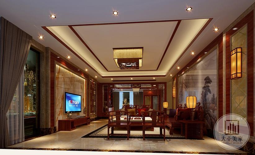 效果图:宽敞,大气的中式风格客厅,桌椅书架等家具采用高档红木材料